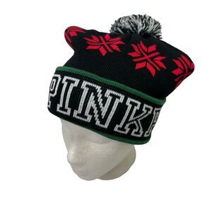 Victorias Secret PINK Beanie Hat Winter Cap Black Red Snowflakes Knit